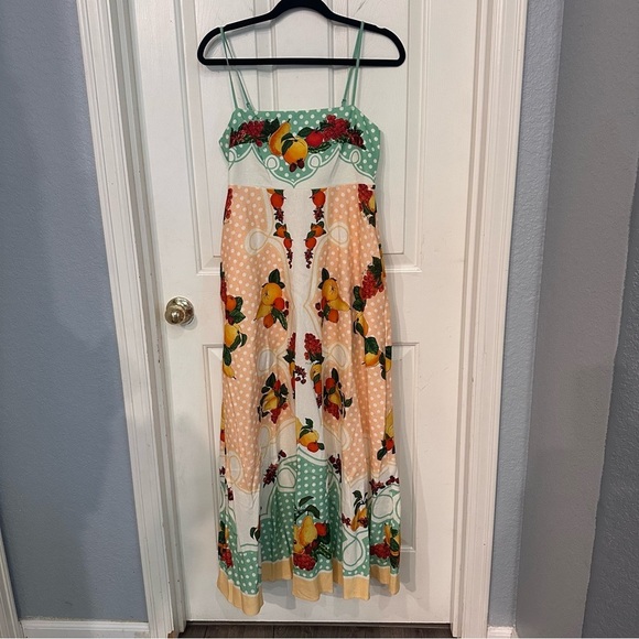 New Caroline Constas Linen Strappy Fruits Dots Print Maxi Long Dress Picnic S - Picture 5 of 14
